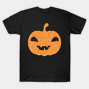 Light Orange Faux Glitter Halloween Pumpkin Face T-Shirt